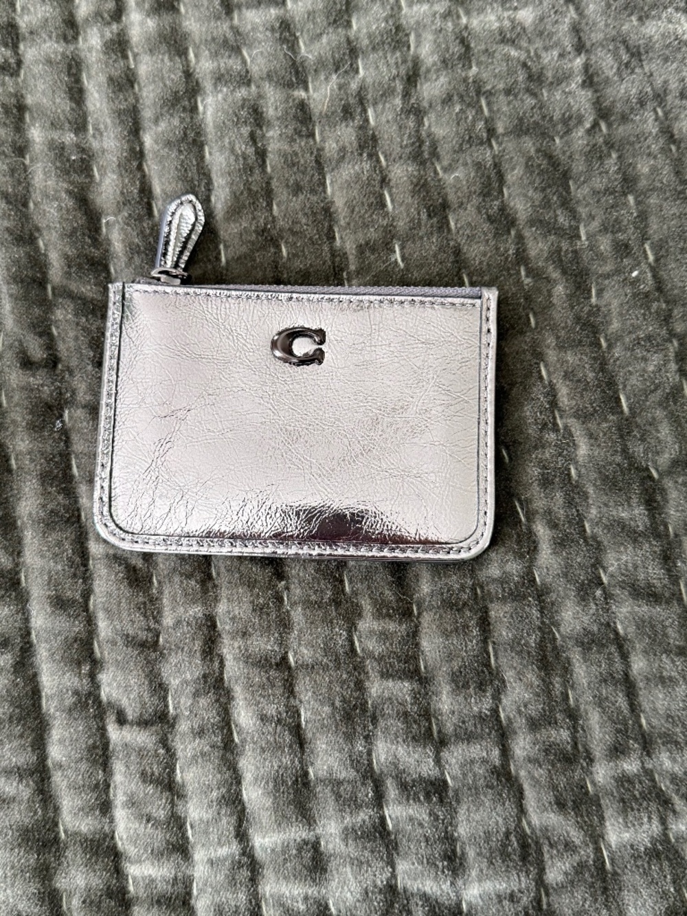 Coach Metallic Silver Zip Card Case ID Holder Keychain